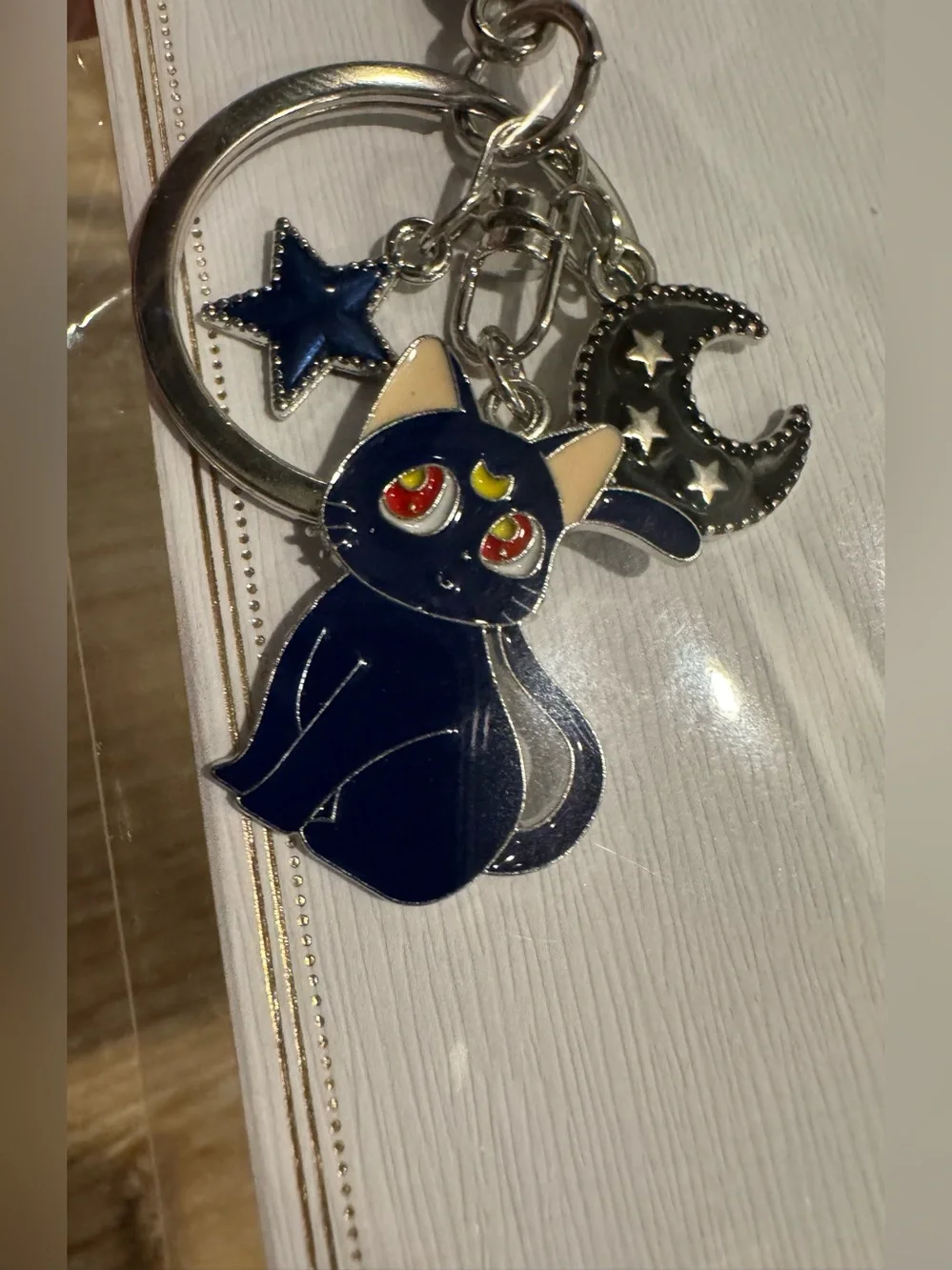 Black Cat Enamel Keychain or Bag Charm with Star & Moon Charms
